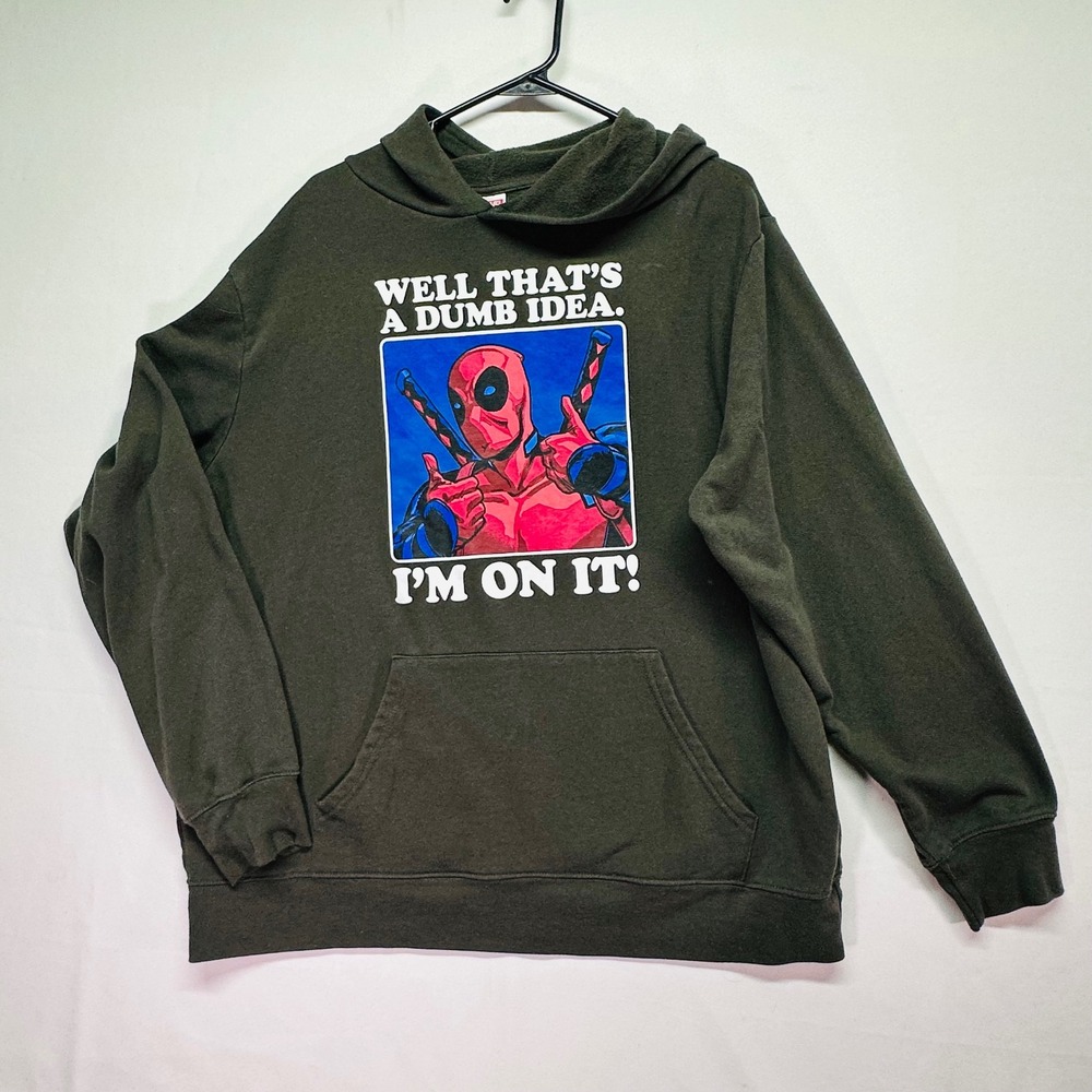 Marvel Deadpool Graphic Hoodie Mens Charcoal Gray Pocket Dumb Idea Pullover XL